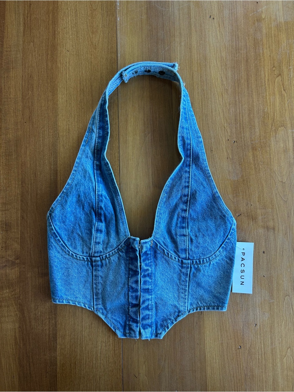Edikted Light Blue Denim Halter Corset Top with Lace Up Back